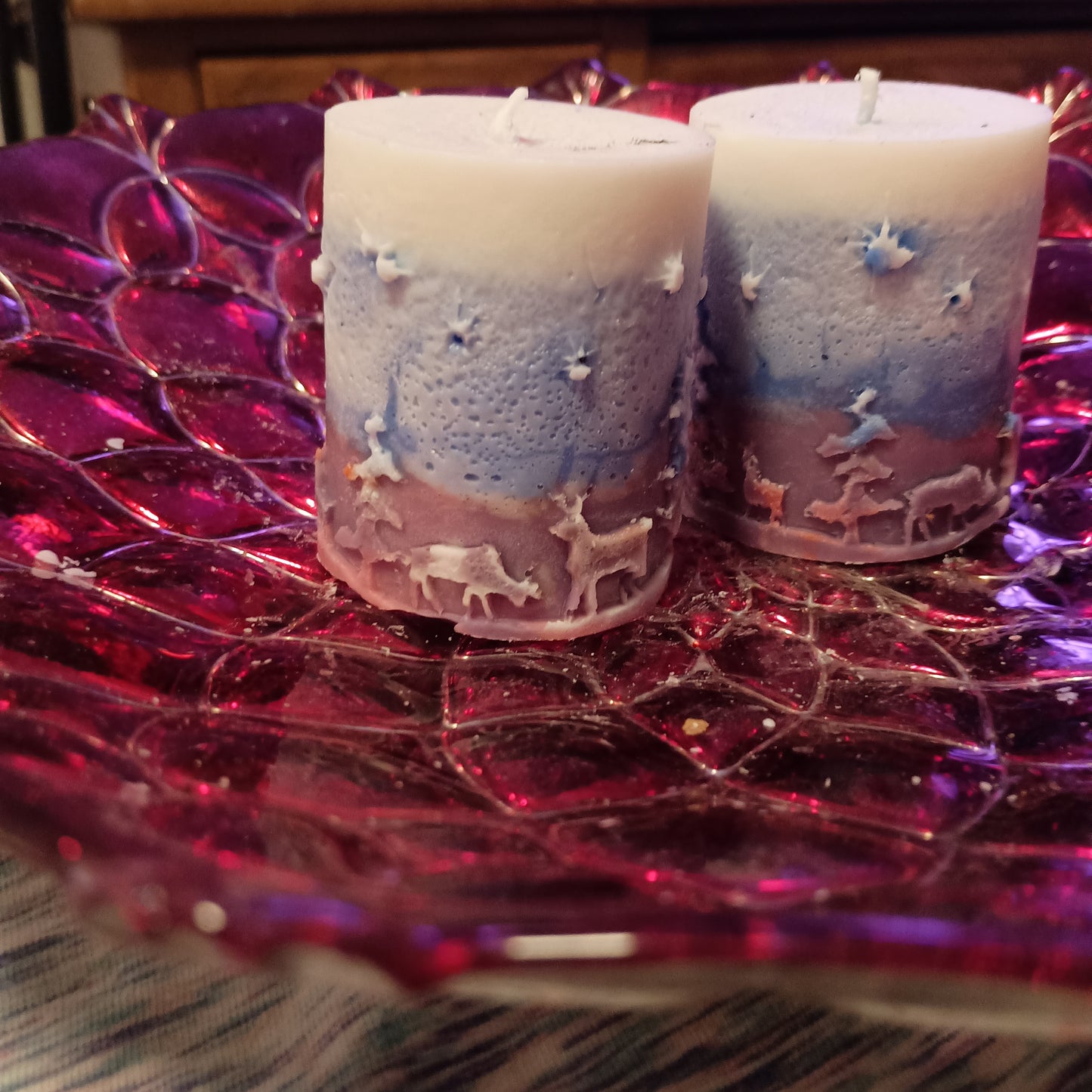 Pair of Red white and blue holiday piller candles