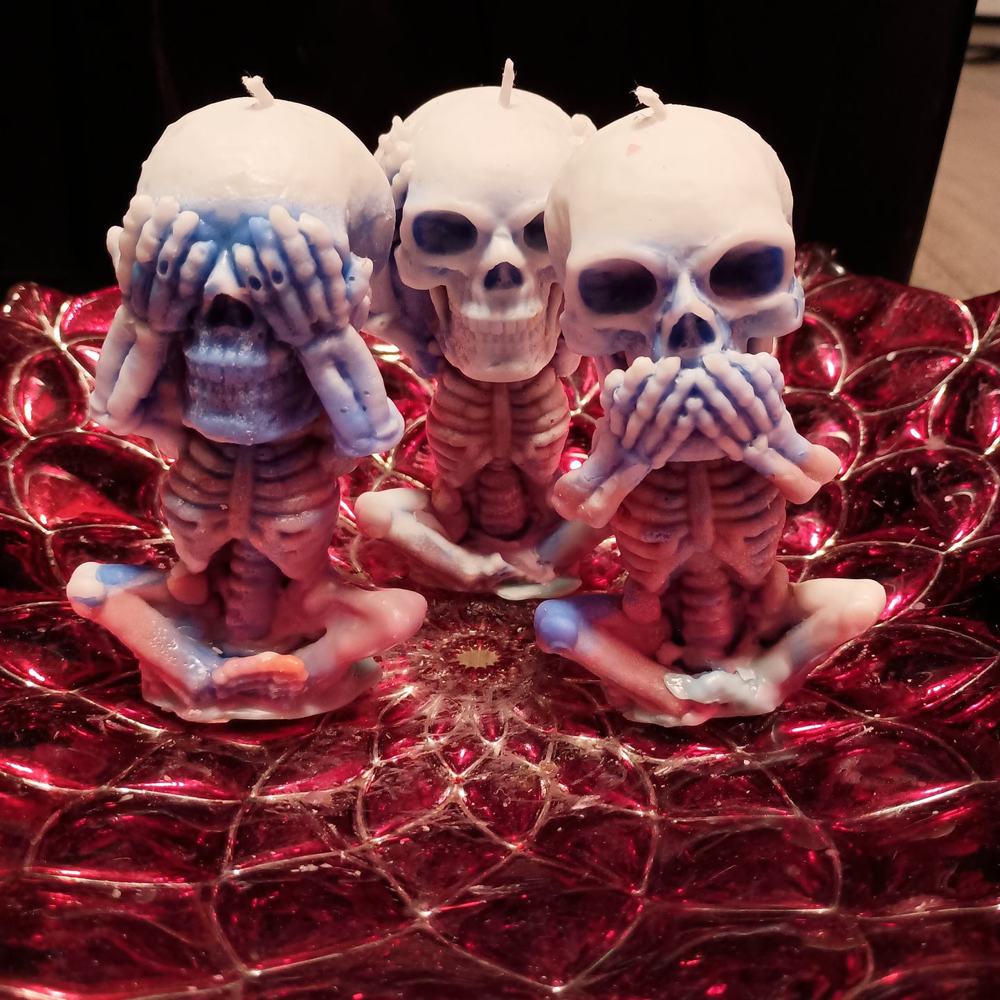 Red white and blue Set of 3 see speak hear no evil skeletons