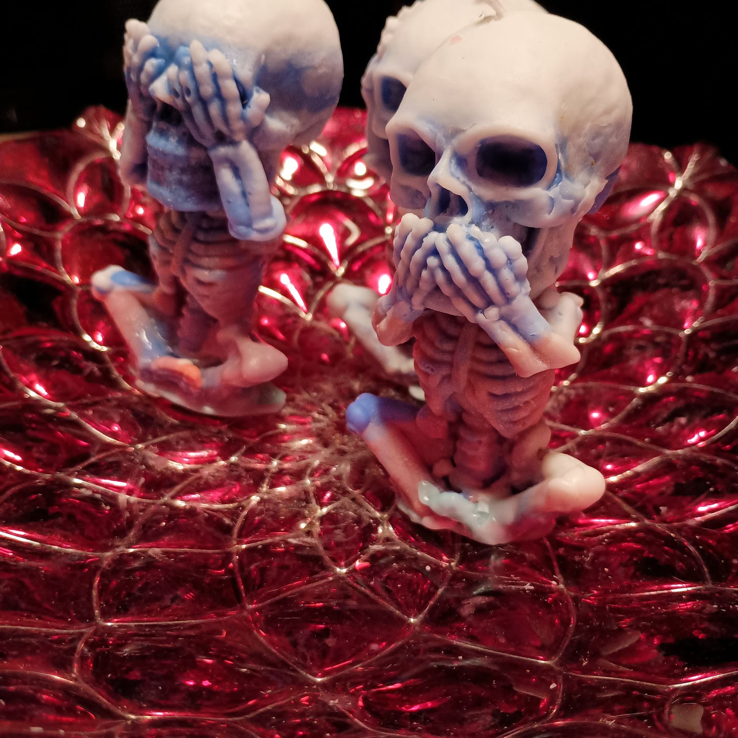 Red white and blue Set of 3 see speak hear no evil skeletons