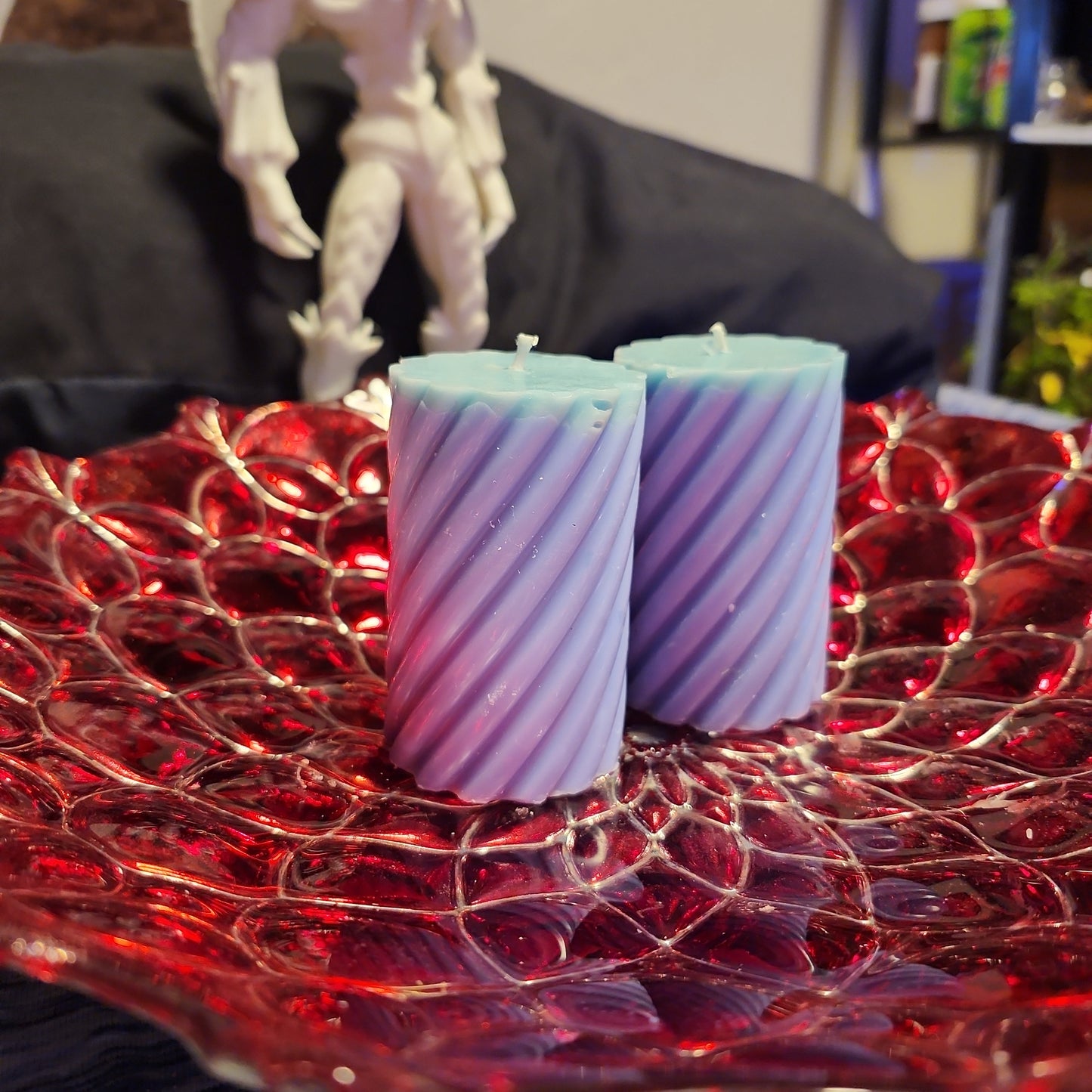 Pair of blue small piller scented candles