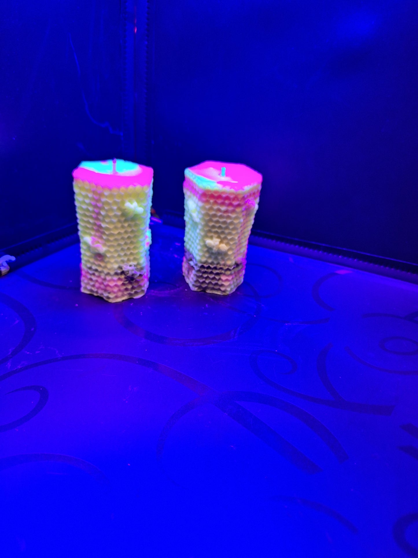 Blacklight pair of bee hive piller candles scented