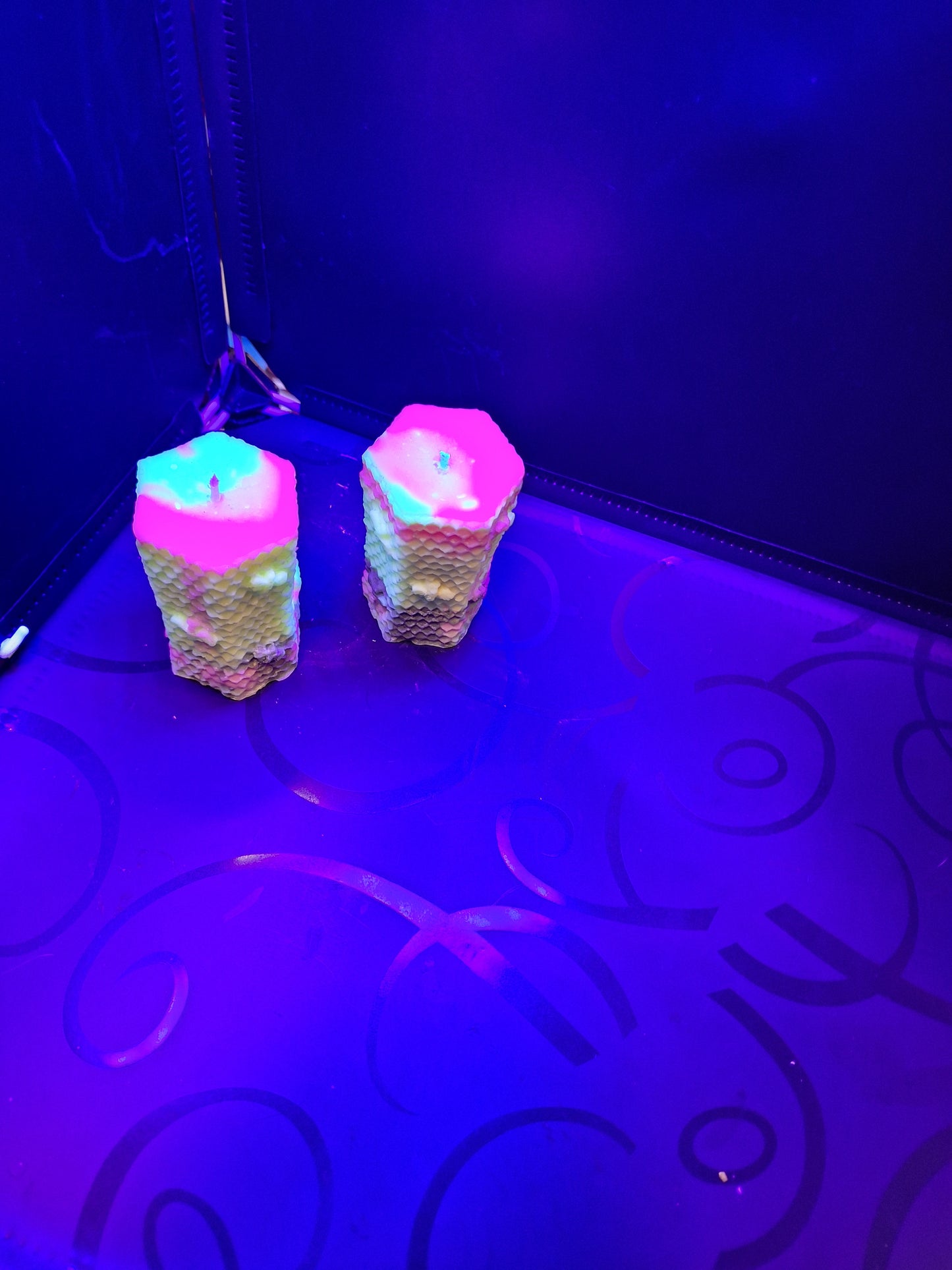 Blacklight pair of bee hive piller candles scented