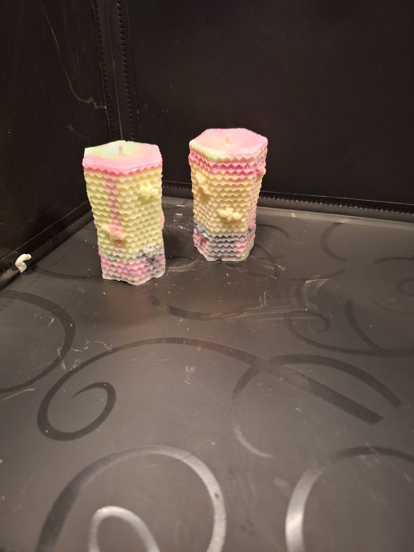 Blacklight pair of bee hive piller candles scented