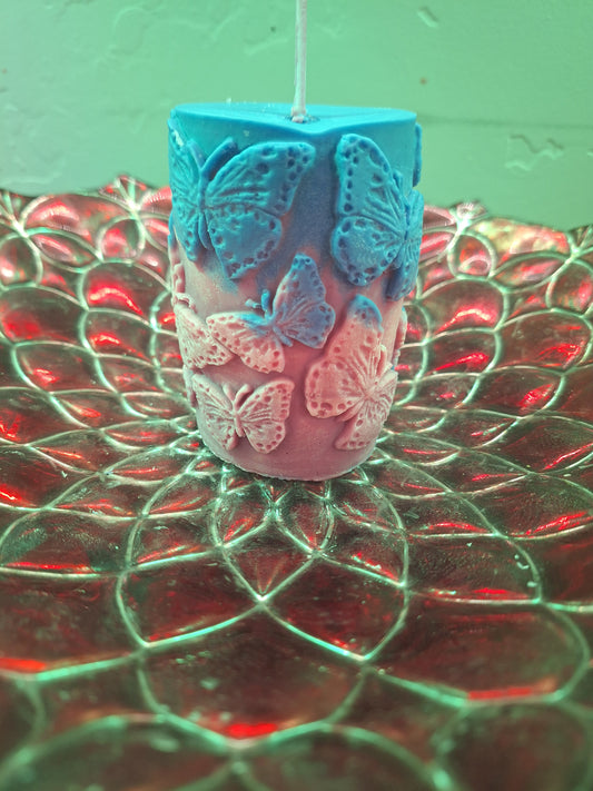 Pink and blue butterfly piller scented candle