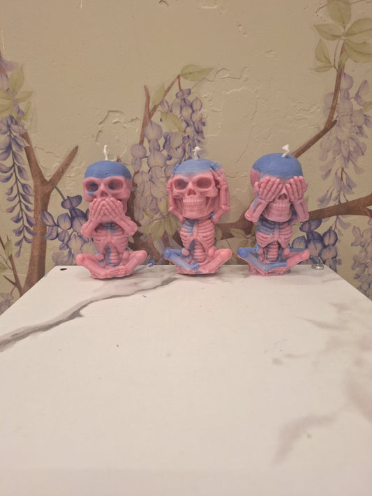 Set of 3 blue and pink see speak hear no evil skeletons