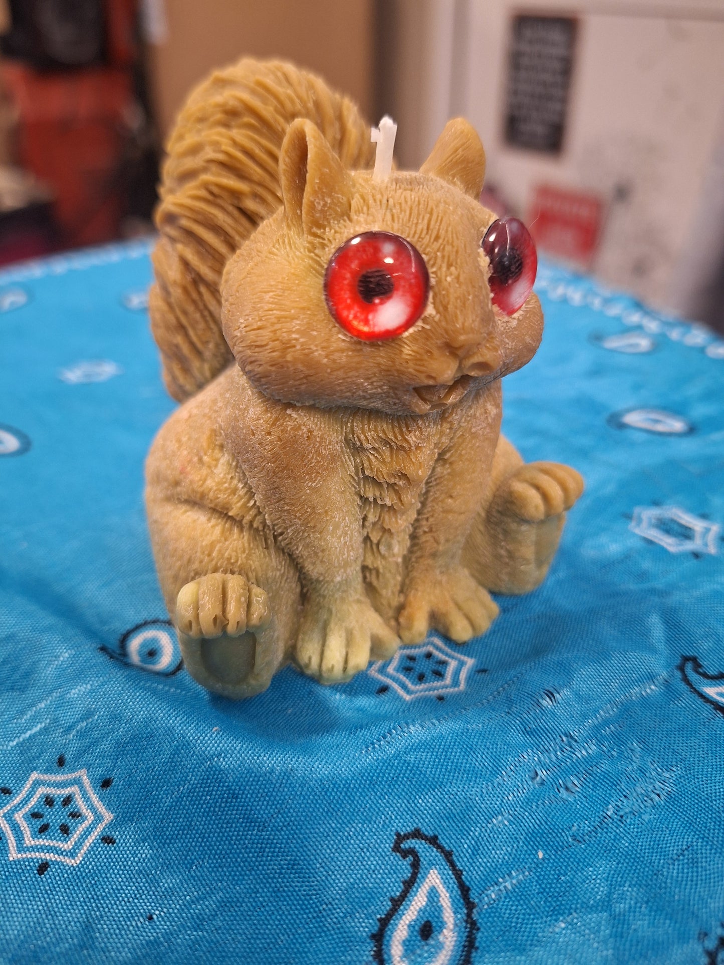 Squirrel candle with googley eyes