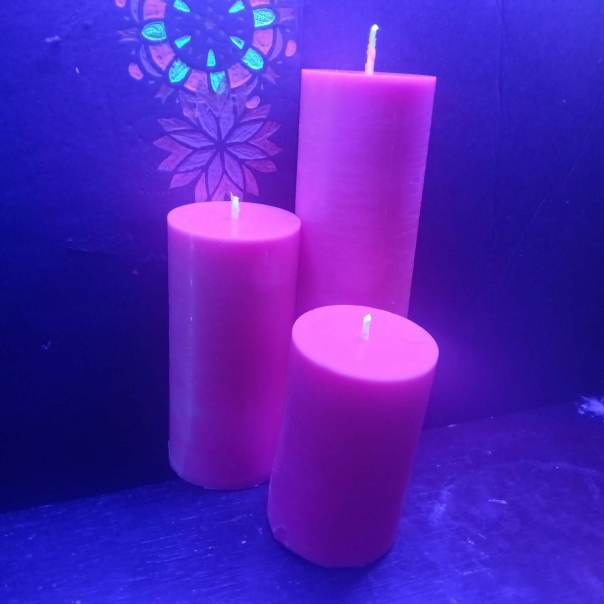 BRIGHT PINK BLACKLIGHT set of 3 scented piller candles30