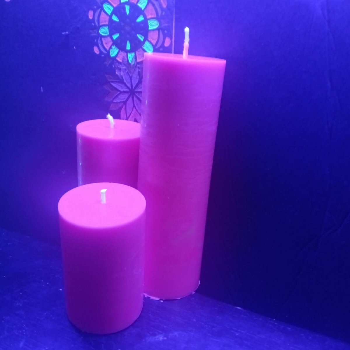 BRIGHT PINK BLACKLIGHT set of 3 scented piller candles30