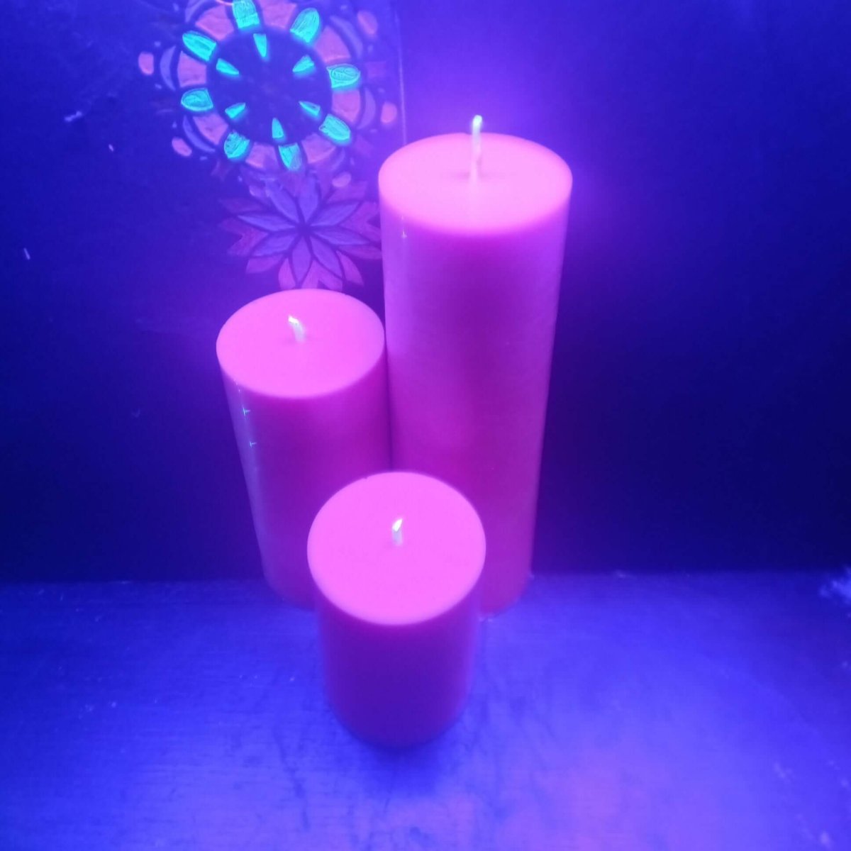 BRIGHT PINK BLACKLIGHT set of 3 scented piller candles30