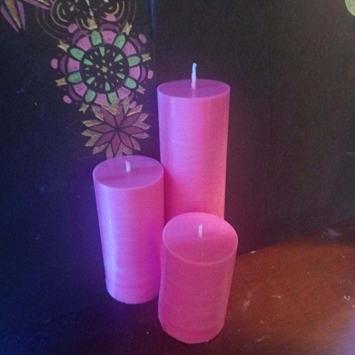 BRIGHT PINK BLACKLIGHT set of 3 scented piller candles30