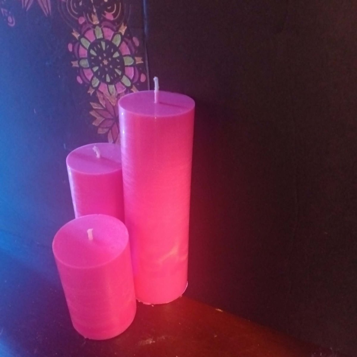 BRIGHT PINK BLACKLIGHT set of 3 scented piller candles30