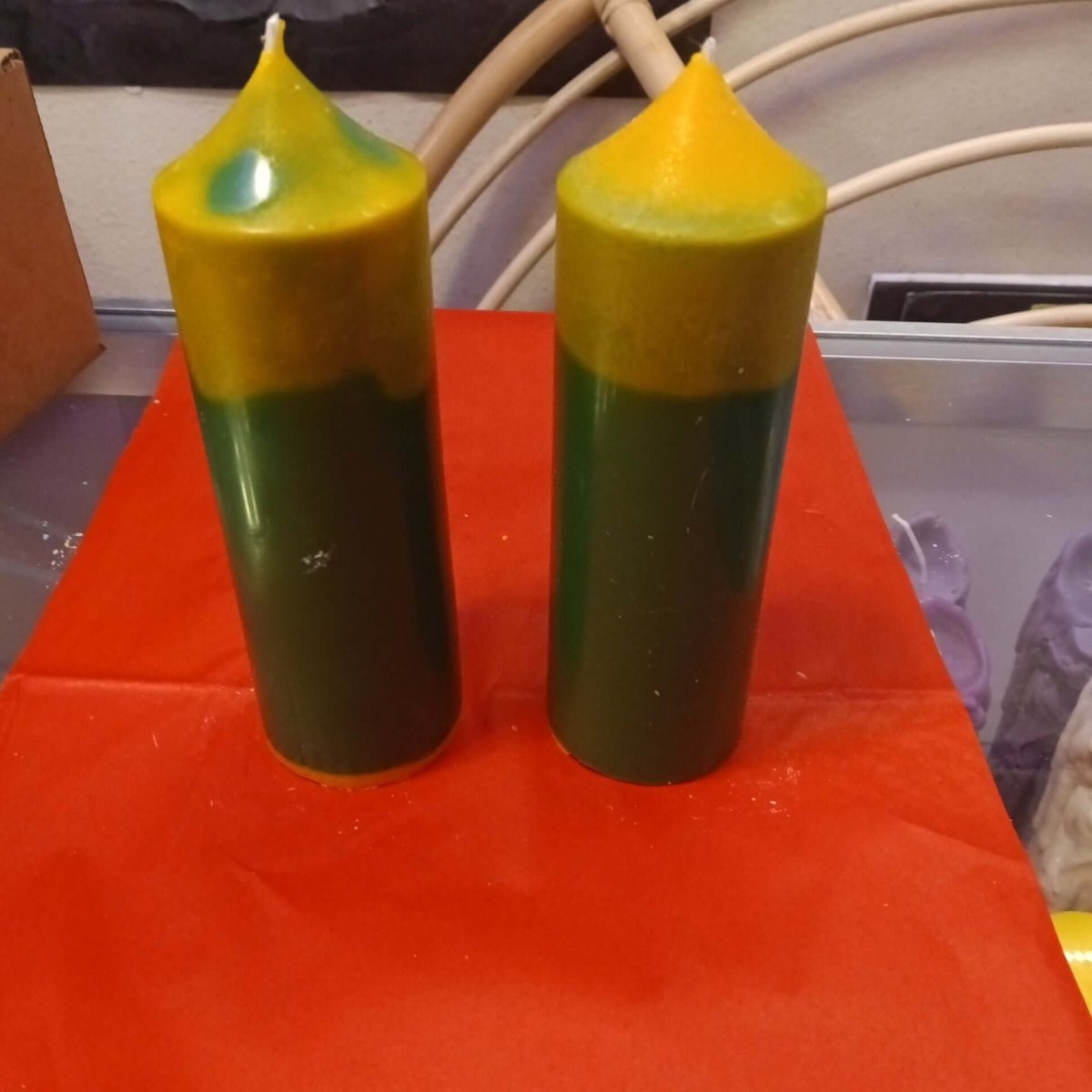 GREEN AND  YELLOW pair of large scented piller candles22