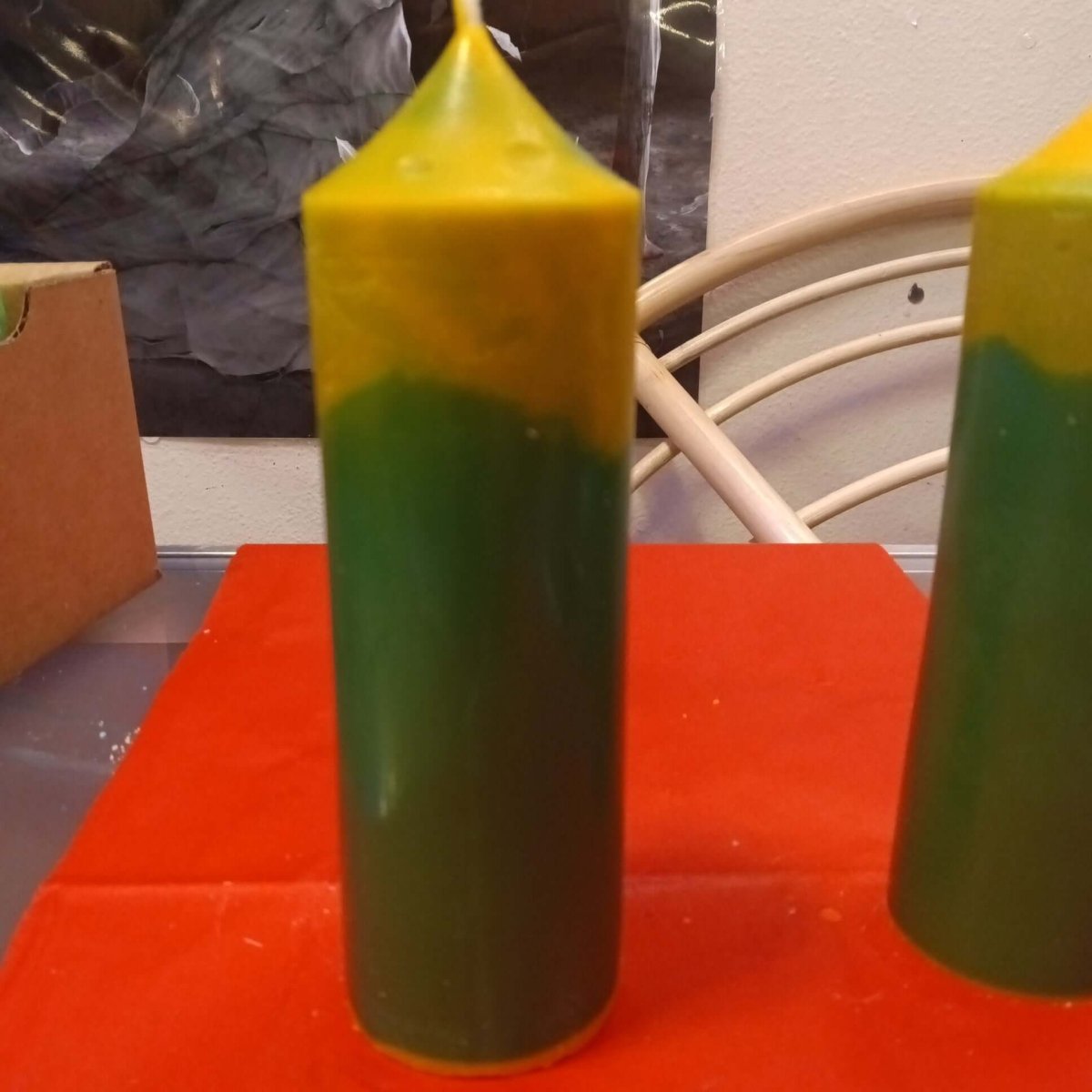 GREEN AND  YELLOW pair of large scented piller candles22