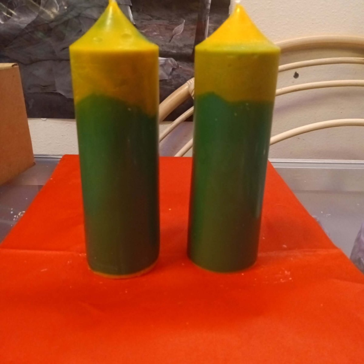 GREEN AND  YELLOW pair of large scented piller candles22