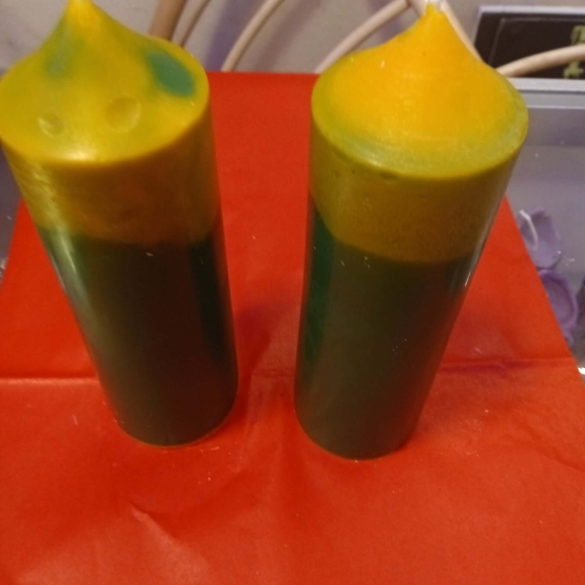 GREEN AND  YELLOW pair of large scented piller candles22