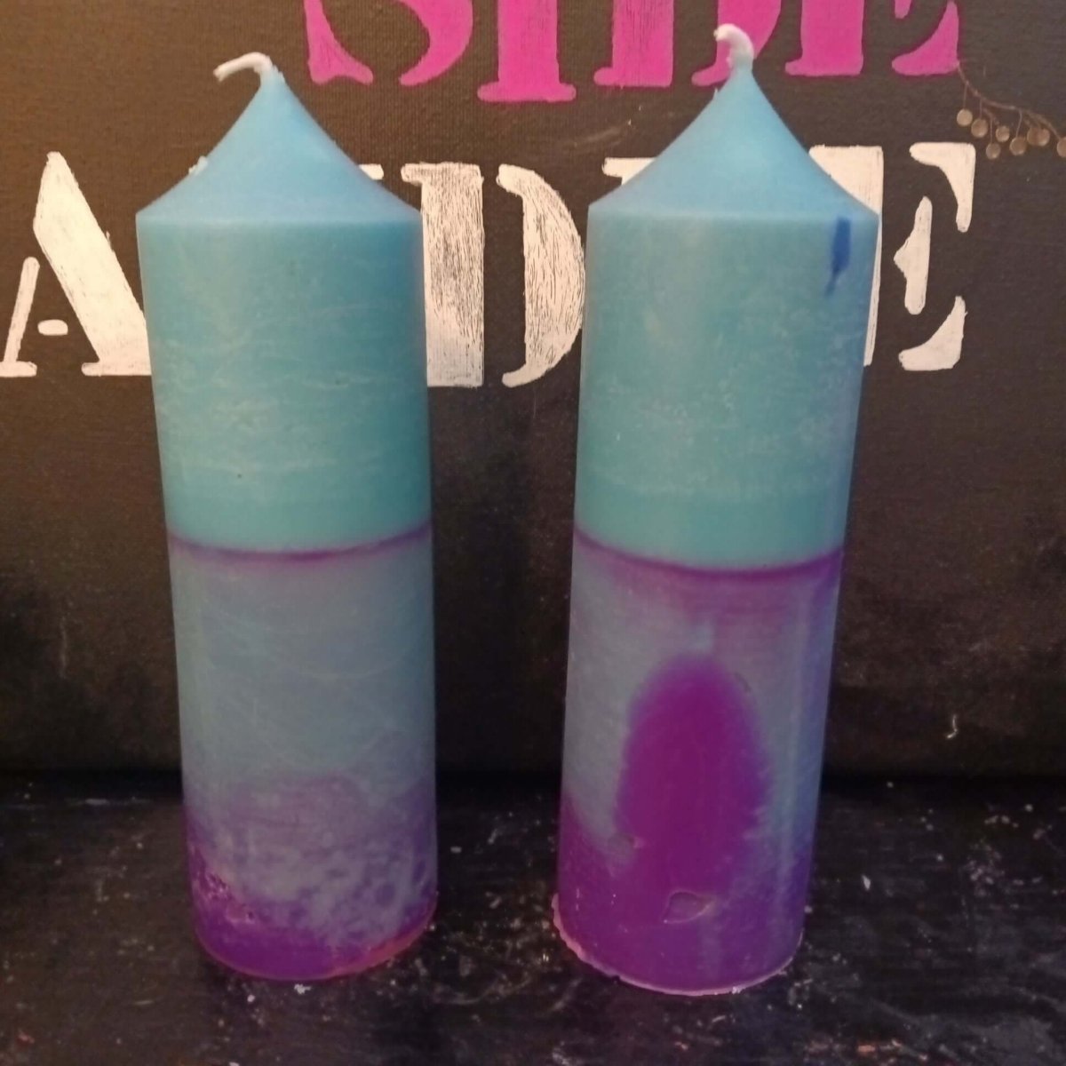 PAIR OF AGUAMARAINE AND PURPLE  LARGE scented piller candles20