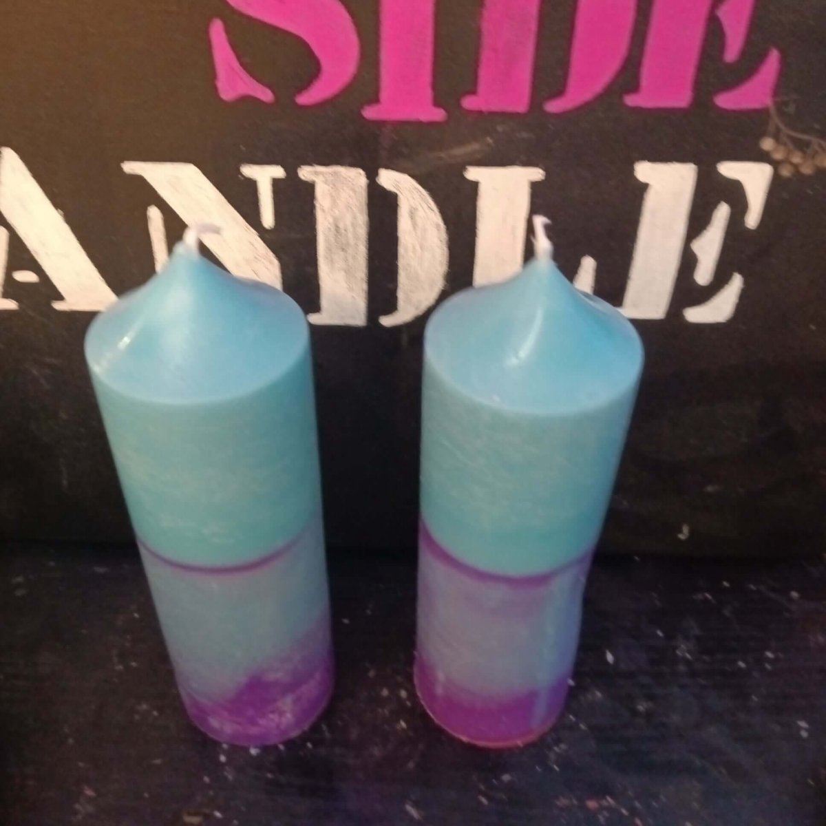 PAIR OF AGUAMARAINE AND PURPLE  LARGE scented piller candles20