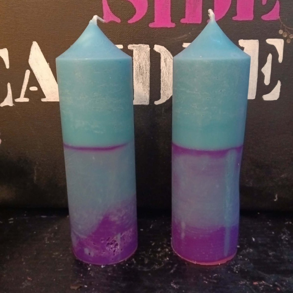 PAIR OF AGUAMARAINE AND PURPLE  LARGE scented piller candles20