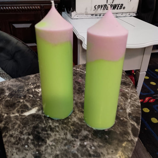 Pair of green and pink large scented piller candles22