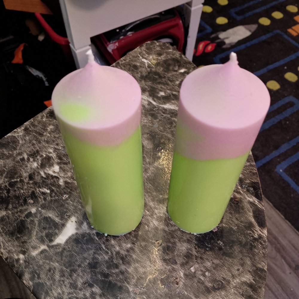 Pair of green and pink large scented piller candles22