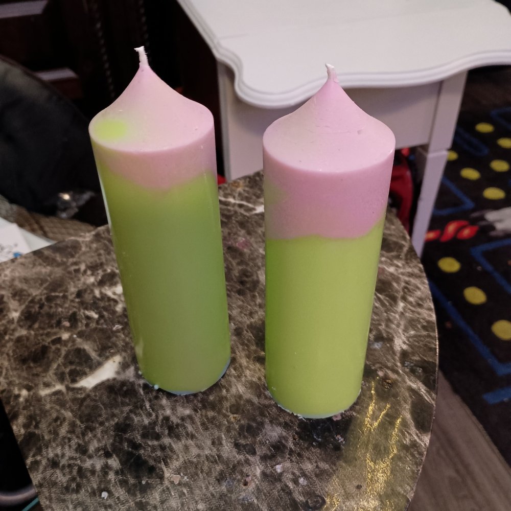 Pair of green and pink large scented piller candles22