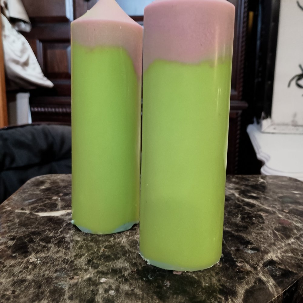 Pair of green and pink large scented piller candles22