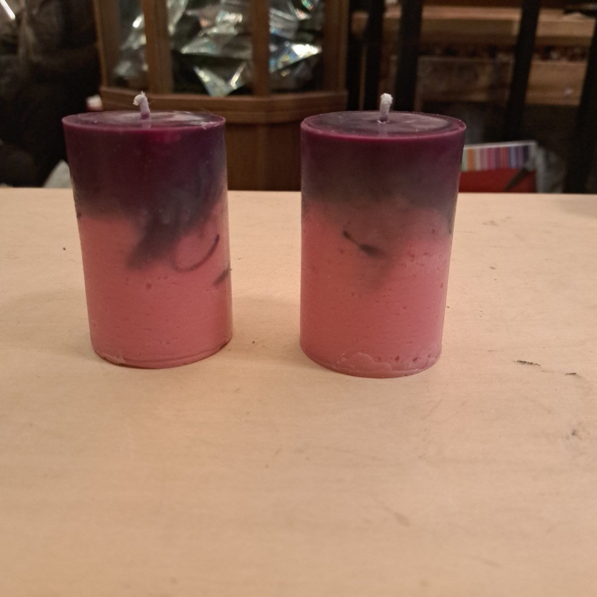 Pair of Pink and purple small scented piller candles10